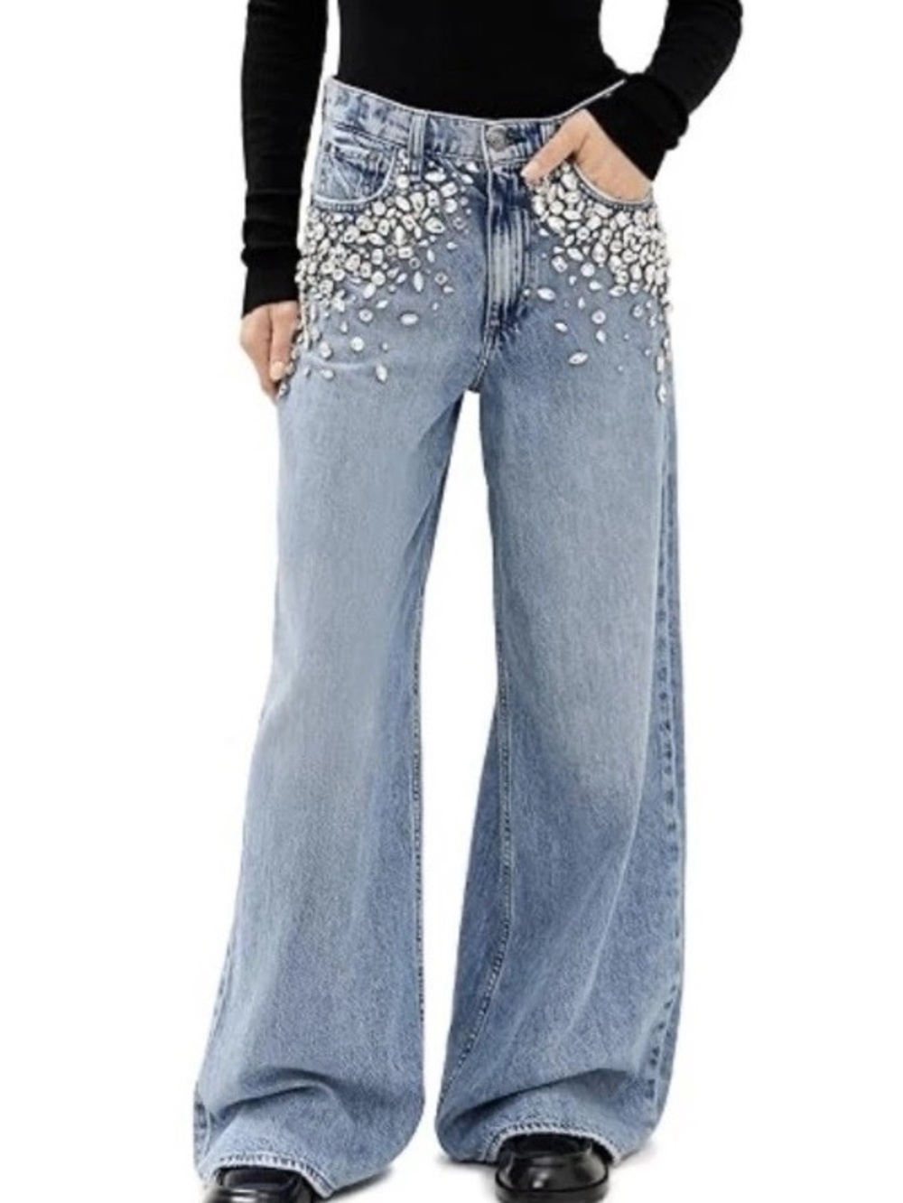 Torn by Ronny Kobo Light Blue Wide-Leg Jeans with Crystal Embellishment